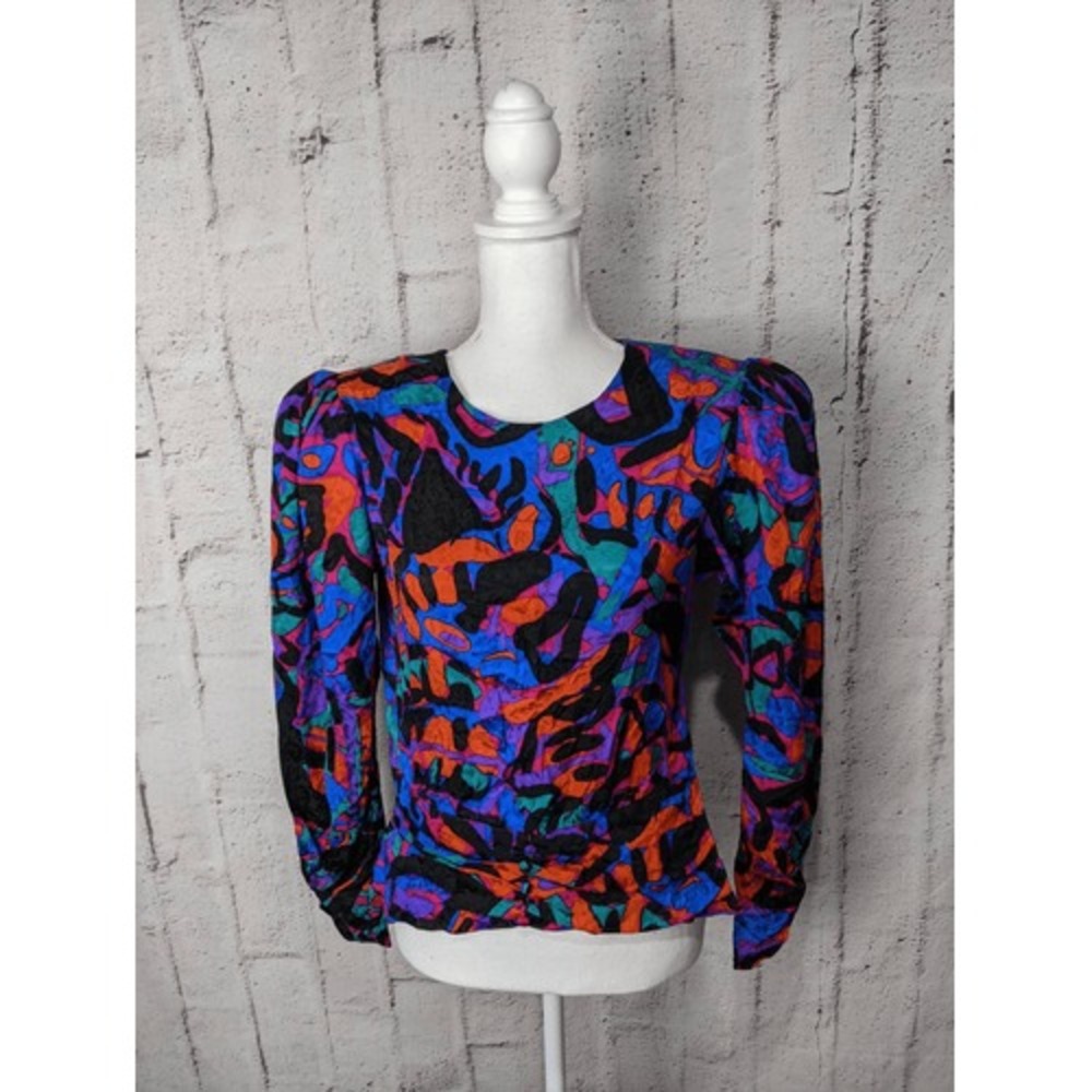 Flora Kung Vtg Ultimate 80s Silk Wrap Psychedelic Abstract Top Blouse w Shoulder